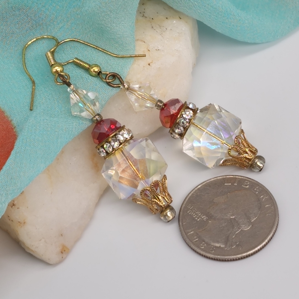 ❤️ Vintage Jewelry Red Cristals Rainbow White European Crystals Gold Earrings - Picture 2 of 8